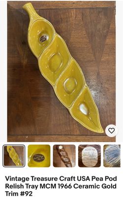 Vintage Treasure Craft USA Pea Pod Relish Tray MCM 1966 Ceramic Gold Trim #92 free shipping