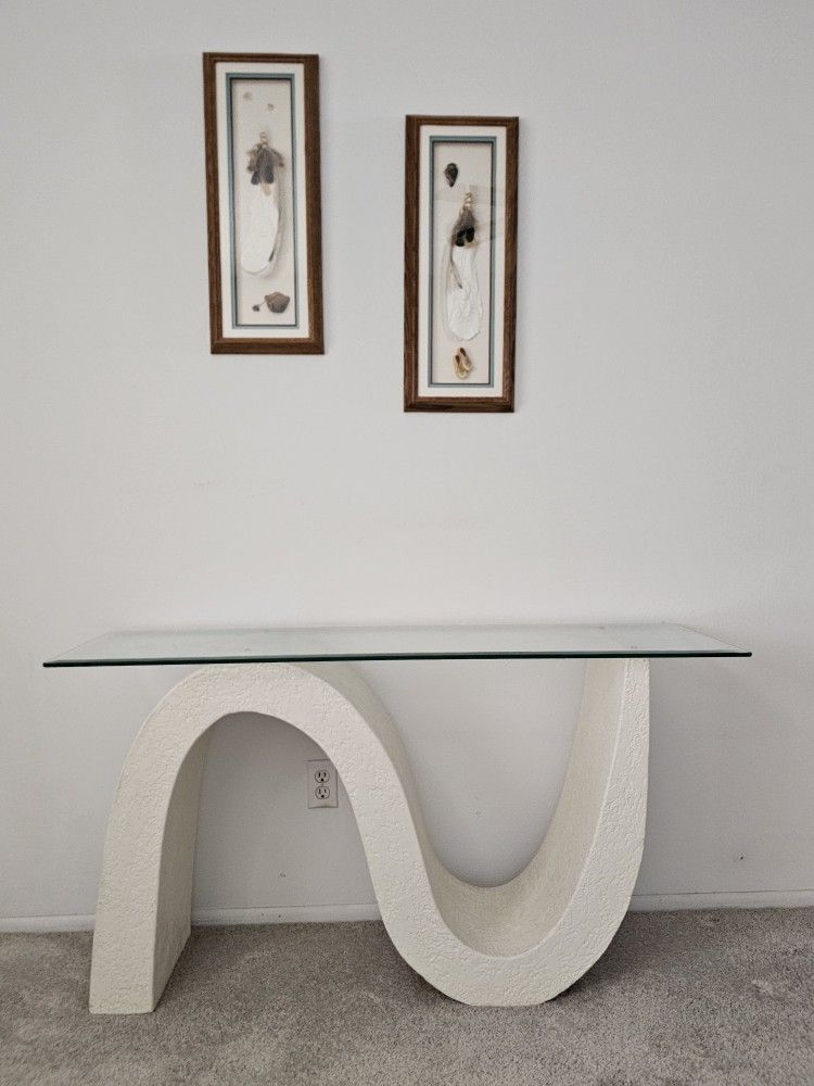 Vintage Postmodern Sculptural Plaster Console Table – Glass Top