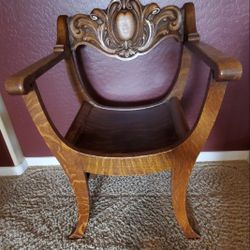 Early 20th Century Carved Antique Savonarola Tiger Oak Chair *Please Read Entire Description*