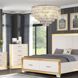 Elegant Bedroom Furniture In White And Gold With LED Lights And Storage Drawers Dresser Mirror Nighstand 
