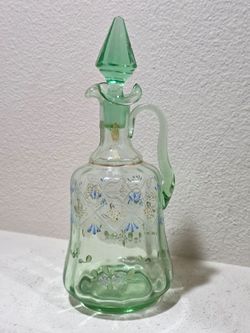 Antique  Bohemian Hand Painted Enamel Green Uranium  Decanter