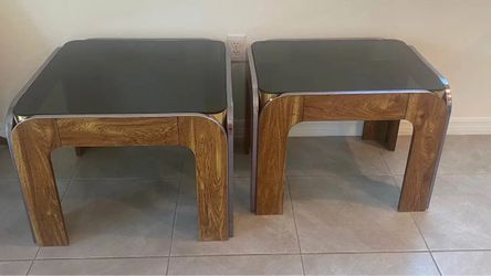 1980s postmodern Wood grain laminate & Brass accent smoked glass top end table set of 2