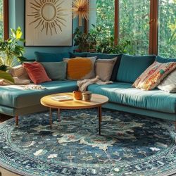 Area Rugs 8ft Washable Non-Slip, Floral Vintage Distress Print Pattern Medallion Carpet for Living Room Bedroom Dining Room, Teal Green Lake Blue