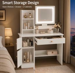 White Vanity Desk with LED Mirror and Storage