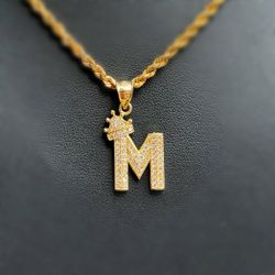 Jewelry 10k Solid Yellow Gold white CZ stone alphabet letter M Pendant charm