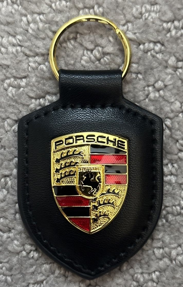 Porsche Black Leather And Gold Keychain Key Ring New
