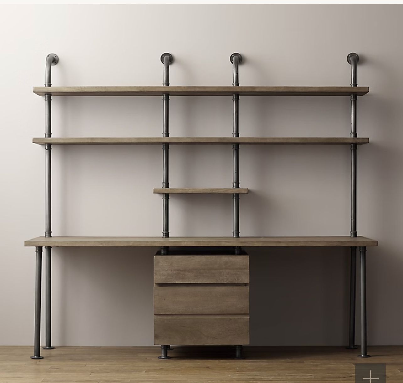 RESTORATION HARDWARE INDUSTRIAL PIPE DOUBLE DESK & SHELVING WITH DRAWERS