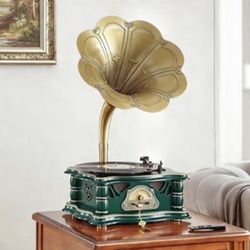 Vintage Style Bluetooth Record Player Green Gold USB FM Remote 33/45/78 RPM