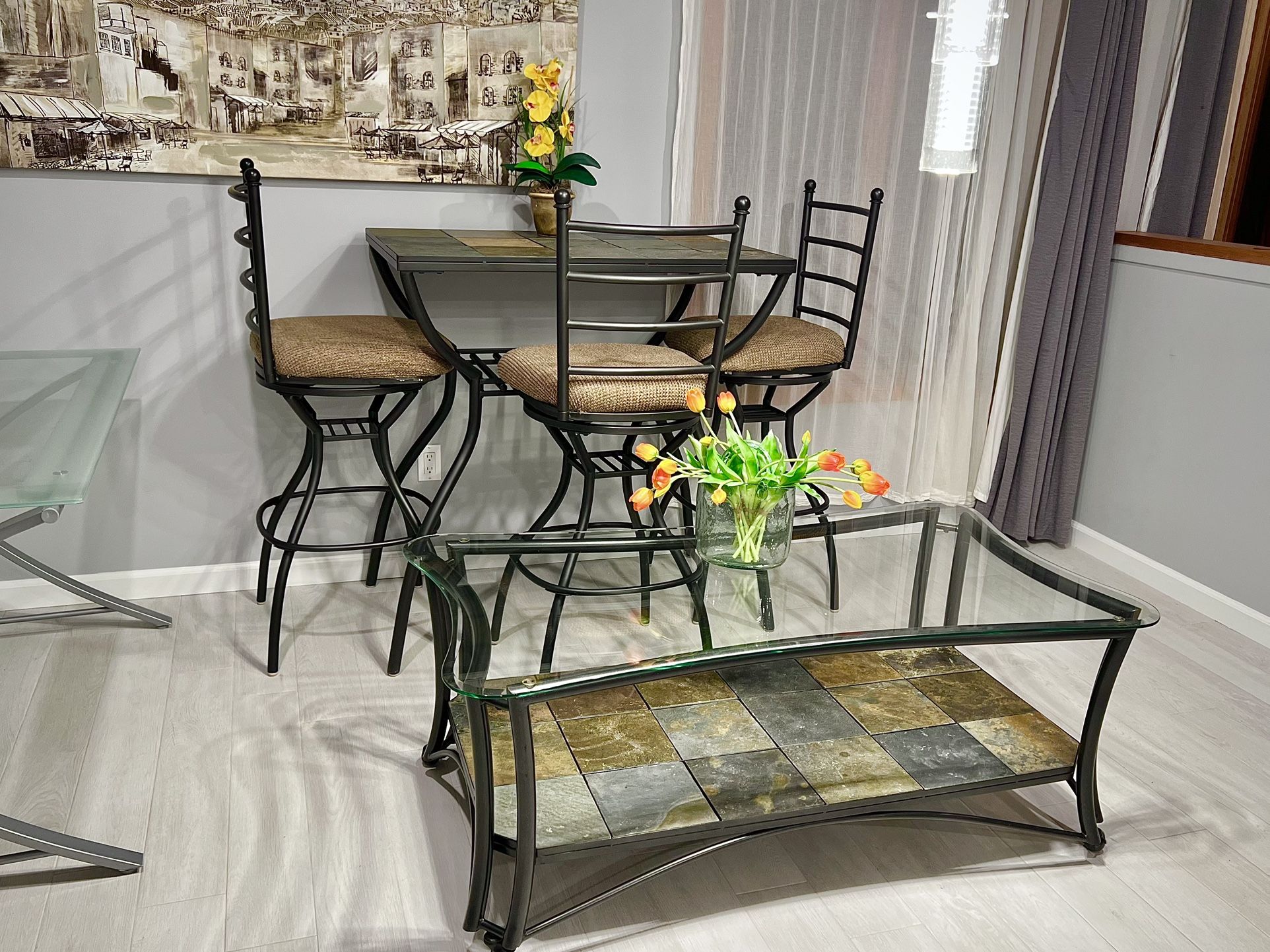 Matching Pub Table with 3 Chairs & Coffee Table