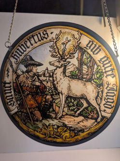 Vintage German Saint Hubertus Painted Glass Roundel Panel - 9.25