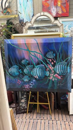 Vintage original signed oil on canvas, large tropical fish