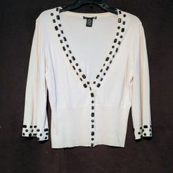 Sweaterworks Cream Black Cardigan Medium Decorative Black Different Shaped Beads 