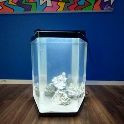 Acrylic 35 Gallon Hexagon Tank.  Comes with light sand & rocks.  23"H x 21"W x 21"L
