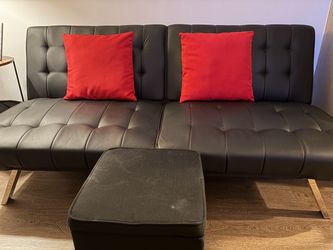 DHP Emily Convertible Futon Sofa (Black Faux Leather) + Matching Storage Ottoman & Pillows
