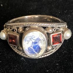 Nicky Butler India Sterling Silver Rainbow Moonstone Pearl Garnet Ring Size 8.75