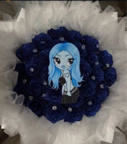Handmade Navy Glitter Rose Bouquet with Anime Character