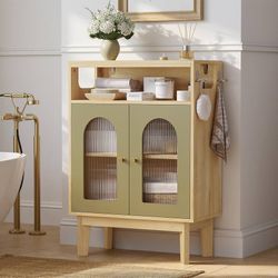 Small Cabinet with 2 Doors and Adjustable Shelf, Freestanding Storage Unit for Bathroom, Laundry Room, Kitchen or Living Room