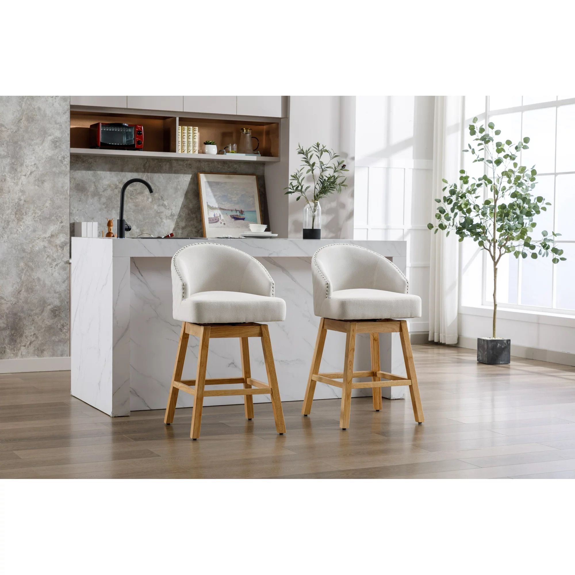 Faux Leather Bar Stools Set of 2, 360 Degree Swivel Counter Height
