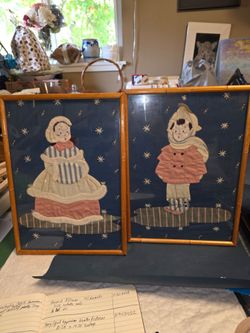 Vintage Boy & Girl Applique Framed Art Pair