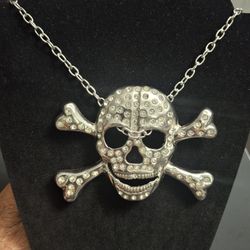Skull & Crossbones Large Silvertone Pendant With Rhinestones W/44" Oval Link Rolo Chain