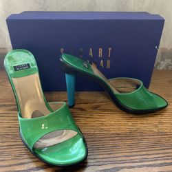 Stuart Weitzman 7 M Green Blue Patent Leather Slip-on Heels Shoes + Box