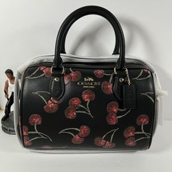 Coach  Rowan Satchel Bag in Leather with Cherry Print Black Multi NWT