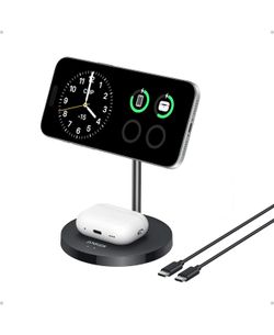 Anker MagGo 2-in-1 MagSafe Compatible Qi2 15W Wireless Charging Stand Qi2 Certified, Fast Charging, Wireless Charger for iPhone 17, AirPods Pro, and M