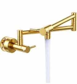 Brushed Gold Pot Filler, Pot Filler Faucet Wall Mount, Brass Folding Stretchable With Double Joint Swing Arm Single Hole Two Handles Kitchen