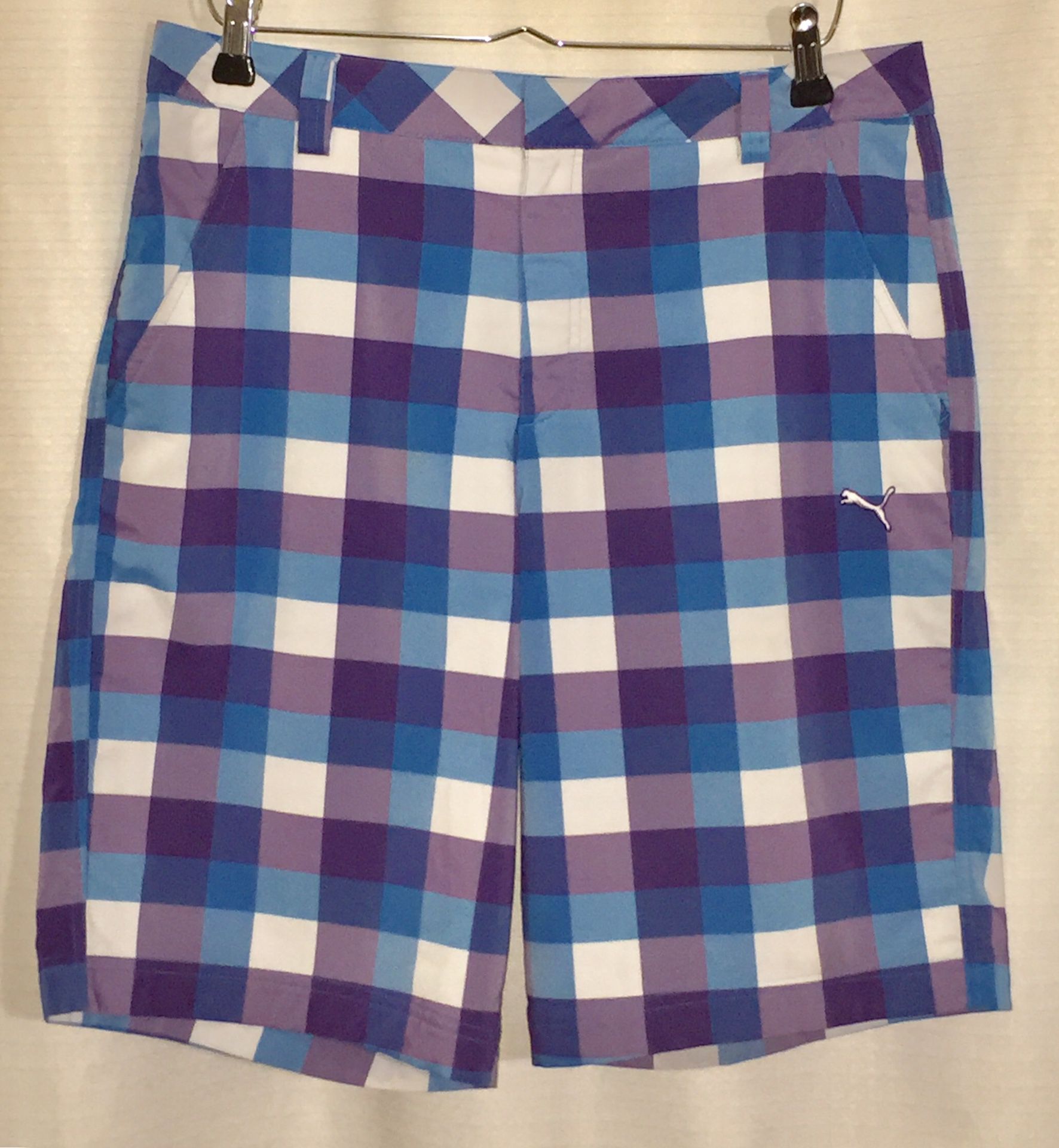 PUMA Mens Golf Shorts Blue White Checkered Flat Front Zip Pockets 100% Cotton 34