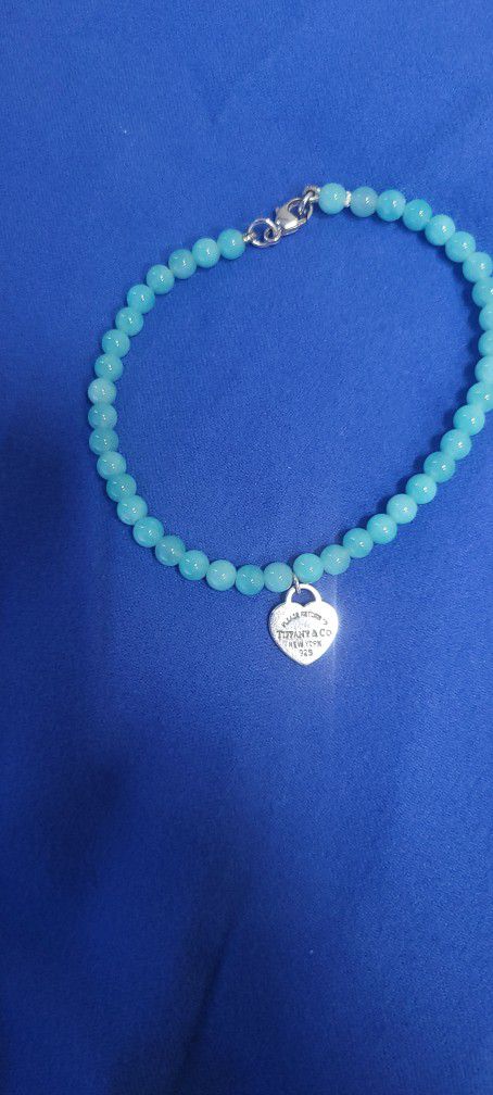 Tiffany & Co 4mm Amazonite Beaded Bracelet With Silver 925 Hallmarked Heart Tag