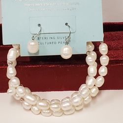 Elements 925 Sterling Silver 3 Spiral Cultured Pearl Bracelet And Earrings Set 