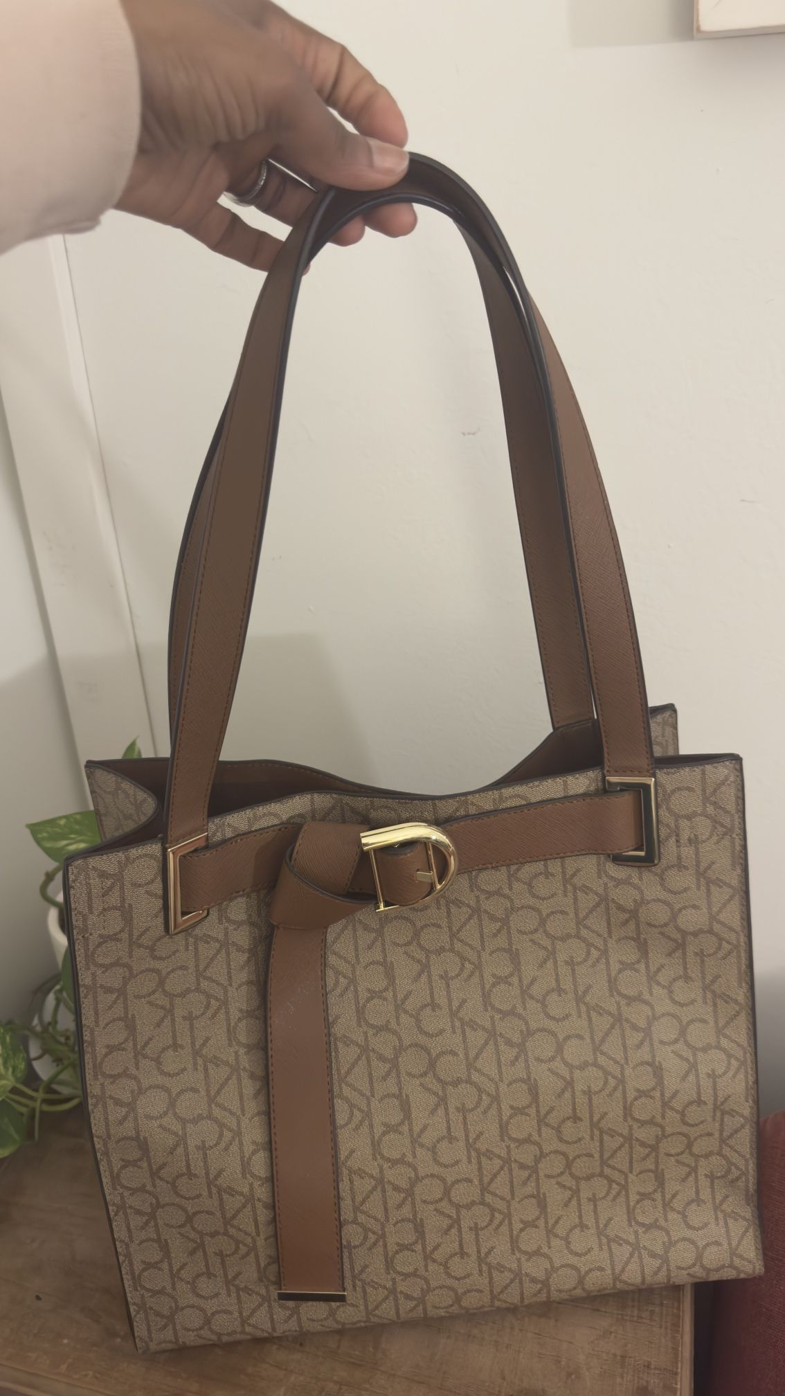 Calvin Klein-CK Large Brown Monogram Tied Belt Tote, Gold Hardware & Zipper Pouch.