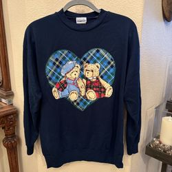 Vintage BASIC EDITIONS Women Navy Bear Heart Graphic Sweatshirt Size Large
