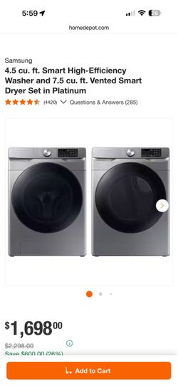 SAMSUNG 4.5 cu. ft. Smart High-Efficiency Washer and 7.5 cu. ft. Vented Smart Dryer Set in Platinum