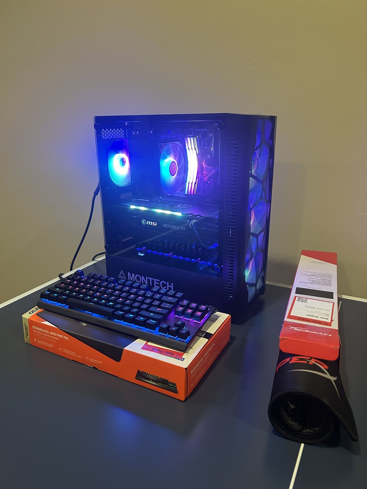 Custom Built Gaming PC, Steelseries Apex Pro TKL Keyboard, HyperX Fury S XL Gaming Mouse Pad.