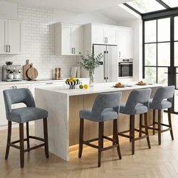 26 "Upholstered Counter Height Bar Stools Set of 4, Wood Legs with Footrest, Cutout Back for Kitchen Island, Dining Room, Home Bar,Navy