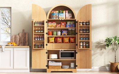 K&K 72 Tall Arched Kitchen Pantry Cabinet with 8 Door Shelves, Fluted Storage Cabinets with 3 Adjustable Shelves, Hidden Drawer, Versatile Cupboard fo