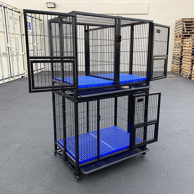 $250 (New in Box) Set of (2) stackable dog cage 37x25x64” heavy duty folding kennel w/ plastic tray 