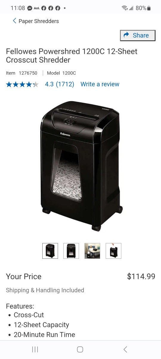 Fellowes Powershred 1200C 12Sheet Crosscut Shredder 80 for Sale in