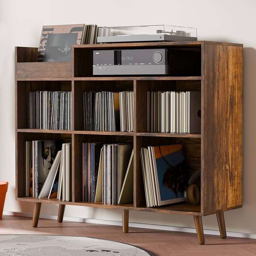 A308 Record Player Stand, Turntable Shelf with Vinyl Storage up to 500 Albums, Vinyl Record Player Shelf with Power Outlet Sideboard Buffet Cabinet