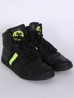 GUCCI Coda Neon Stripe Leather High Top Sneakers Black