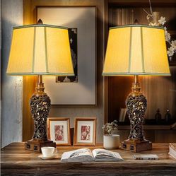 28.5'' Tall Farmhouse Vintage Table Lamp Set of 2 with Faux Silk Shade USB Ports Nightlight Decor for Bedside Living Room Bedroom Nightstands Office H