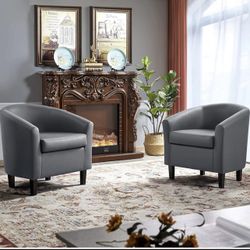 Barrel Chairs, Faux Leather Chairs, Modern Leather Club Chairs Comfy Gray Accent Chairs with Sturdy Wood Legs for Living Room/Bedroom/Reading Room/Wai