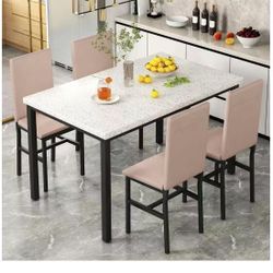 White Faux Marble Dining Table with 4 Upholstered Chairs, 5-Piece Dining Room Table Set for Small Space, Breakfast Table Bar Table and Chairs Set for 