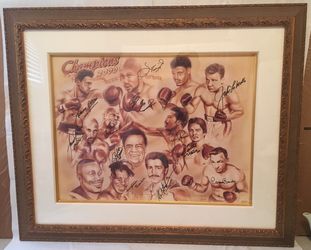BOXING CHAMPIONS Lithograph 28/75 framed montage 12 signatures of champions Roberto Duran Jake LaMotta etc and the artist