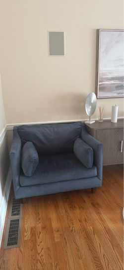 Pair of George Oliver 45" Oversized Blue Velvet "Chair-and-a-Half" Cuddler Armchairs