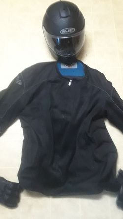 HJC motorcycle helmet complete with earpiece radio also jacket protection gear gloves included