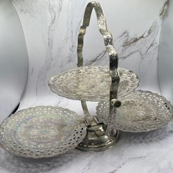 Vintage 3 Tier Foldable Clam Shell Silver-Plate Cake Stand Serving Tray Handle