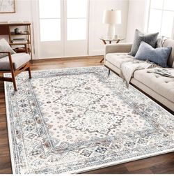 Washable Area Rug 8x10 Retro Flowers Boho Design Non-Shedding Easy Care Ideal for High Traffic Areas in Living Room Bedroom Office Coffee Table Kitche