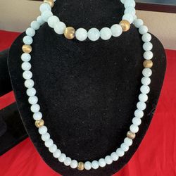 Vintage LIRM 925 Italy Aquamarine Beaded Necklace & Bracelet Set Gold Vermeil
